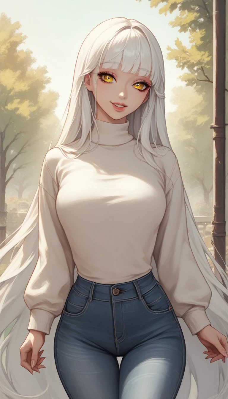 1girl, solo, blancrnd, white hair, very long hair, yellow eyes, beautiful detailed eyes, beautiful detailed lips, extremely detailed eyes and face, long eyelashes, breasts, hair intakes, bangs, sweater, jeans, happy, smile, outdoors, casual, street, (best quality,4k,8k,highres,masterpiece:1.2),ultra-detailed,(realistic,photorealistic,photo-realistic:1.37),colorful, vibrant colors, warm lighting, natural lighting, soft shadows, detailed background, intricate details, clean rendering