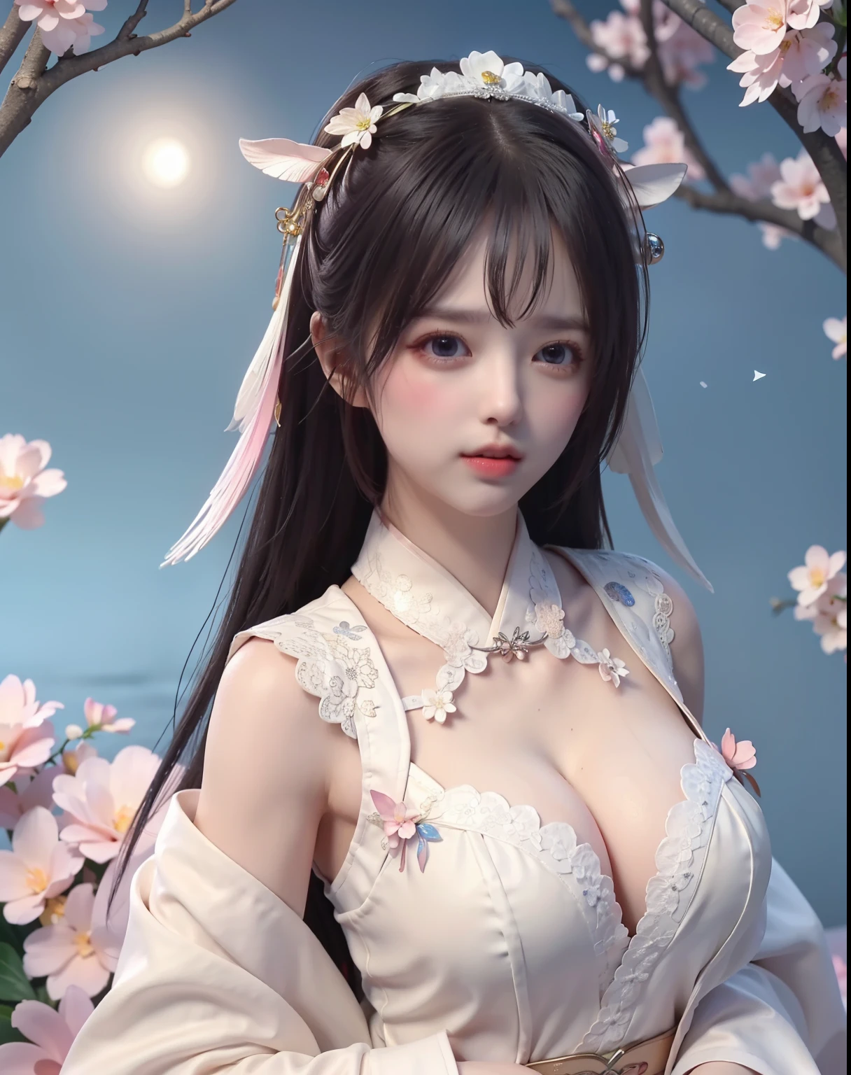 (8k, RAW photo:1.2), best quality, ultra high res,dramatic angle,(fluttered detailed color splashs), (illustration),(((1 girl))),(long hair),(rain:0.9), (Headdress:1.4),There is an ancient palace beside the girl,Hanfu,(Key Points),Color ink painting,(Splash of Color),Splash of Color,(((colorful))),(sketch:0.8) , Masterpiece, best quality, beautiful painted, highly detailed,(denoising:0.6),[splash ink],((ink refraction)), (beautiful detailed sky),moon,highly,detaild,(masterpiece, best quality, extremely detailed） CG Unity 8k Wallpaper，masterpiece，best quality，Ultra Detailed），（Lycoris）. hanfu open v open V-chested clothes Thin silk lace dress , (huge ，cleavage),, white pinkand gren，best qualtiy，tmasterpiece，Ultra-high resolution，（Reality：1.4），RAW photogr，（True skin texture：1.3），（filmgrain：1.3），（Selfie angle），1个Giant Breast Girl，Beautiful eye and face details，tmasterpiece，Best quality at best，，The chest more exposed， detailed hair, bra pink , detail 8k, upper body, lace petticoat