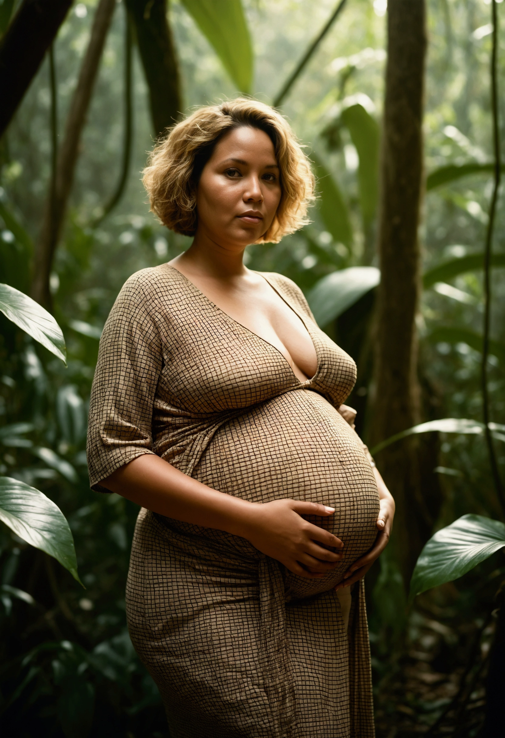 huge pregnant woman in Jungle, in the style of dark beige and beige, grid-based, highly textured, soft, photo taken with provia, folk/naïve,highly detailed,photo taken with fujifilm superia, charly amani,golden short hair, sunny day, full body