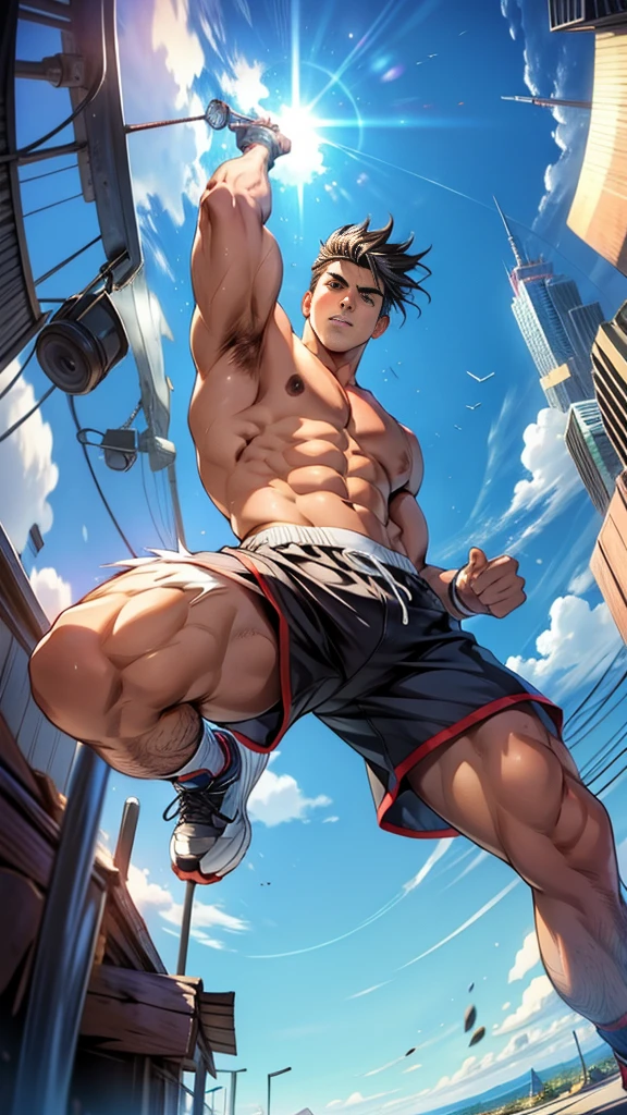 A male athlete，Wearing shorts,He is very muscular,Shot from below，Abstract Background,Lift up half of the pants,Short shorts,Half shorts，Leg hair，Hair flutters in the wind，Open his legs