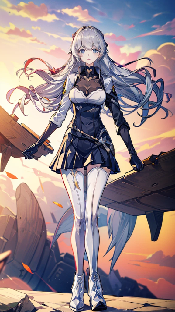 (full body),masterpiece, Highest quality, High resolution, One girl, alone, Grey Hair, Blue eyes, (sunfes，band uniform, No sleeve, White gloves, Pleated skirt, Knee-high boots), Cowboy Shot, Hands on hips, smile, Open your mouth, Outdoor，Thick thighs，(The skirt is blown up by the wind,),