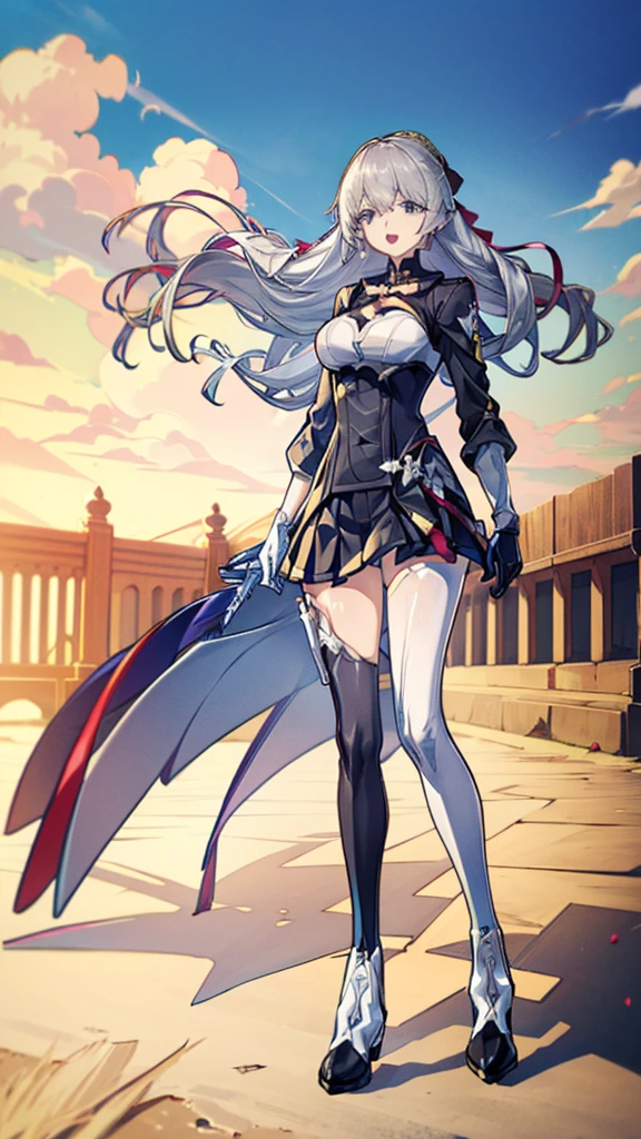 (full body),masterpiece, Highest quality, High resolution, One girl, alone, Grey Hair, Blue eyes, (sunfes，band uniform, No sleeve, White gloves, Pleated skirt, Knee-high boots), Cowboy Shot, Hands on hips, smile, Open your mouth, Outdoor，Thick thighs，(The skirt is blown up by the wind,),