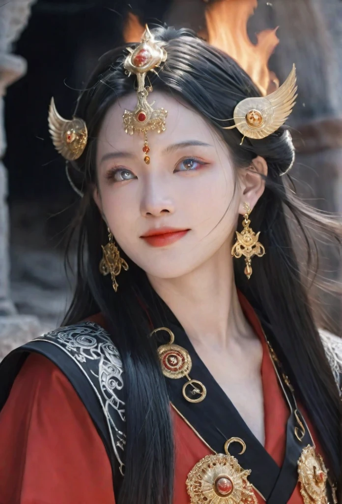 Concept art, fantasy theme, close-up shot, dramatic and highly detailed. A girl with long black straight hair and red eyes, wearing black armor and a red robe. She has a beautiful face and a perfect female figure, adorned with an earring. Her posture is alluring and prestigious, with a focus on her upper body as she looks into the distance with an evil laugh. The background features an indoor scene with ruins and fire, creating a mystical and intense atmosphere. High contrast lighting, Nikon camera, 100mm lens, F1.2 aperture.