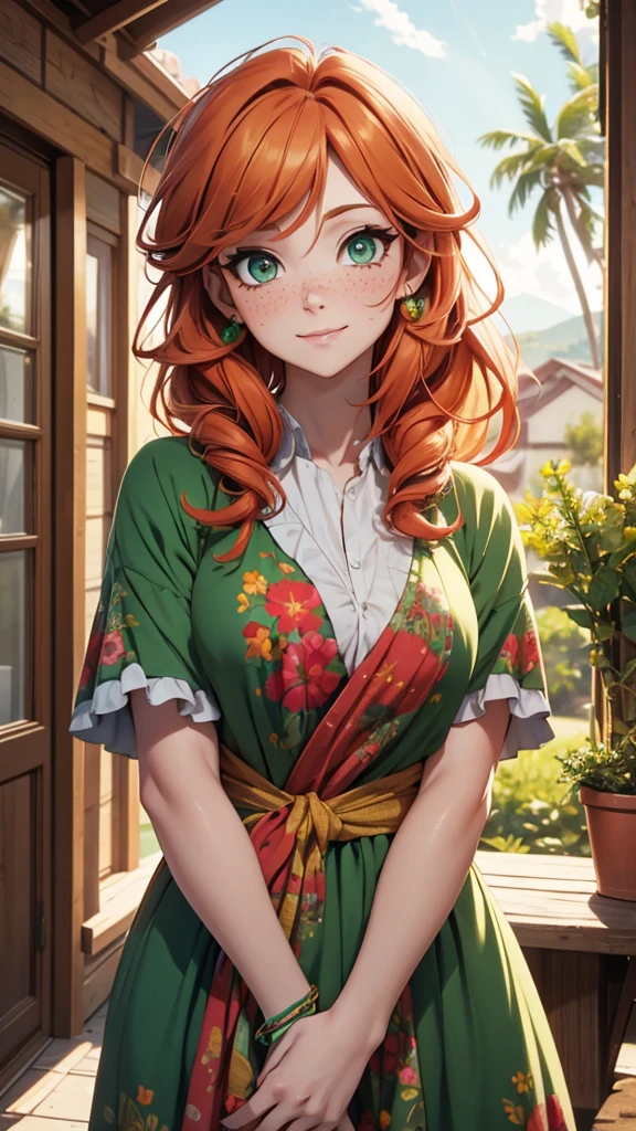 (masterpiece), (4k), )vivid colors), (evening light) 38 year old woman with ginger hair green eyes heart shaped face with freckles dressed as a hippie housewife