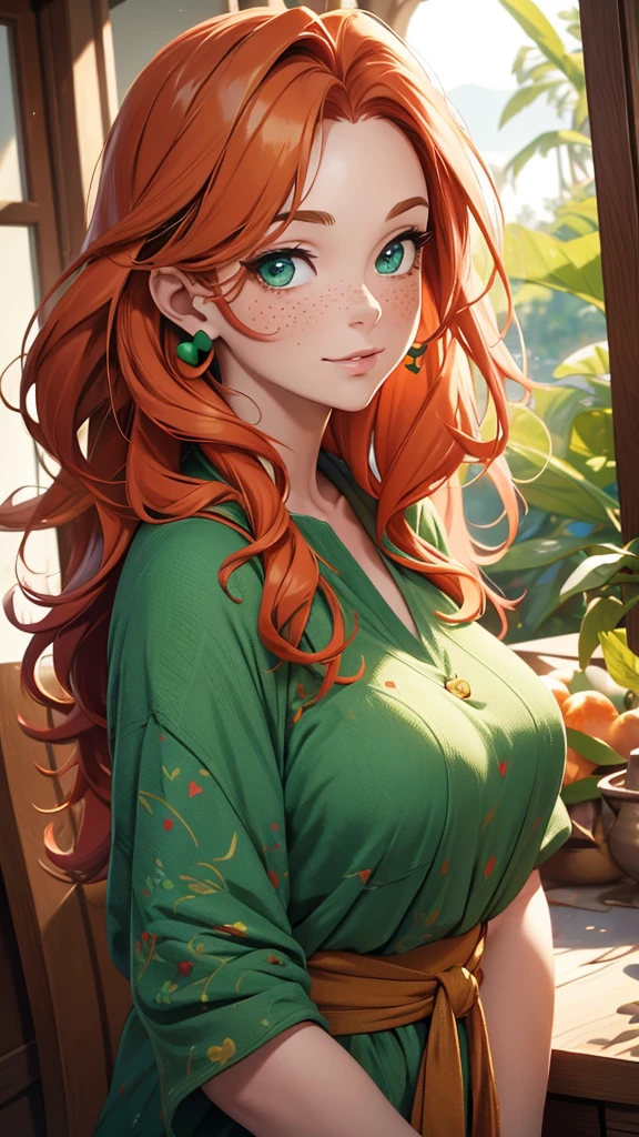 (masterpiece), (4k), )vivid colors), (evening light) 38 year old woman with ginger hair green eyes heart shaped face with freckles dressed as a hippie housewife