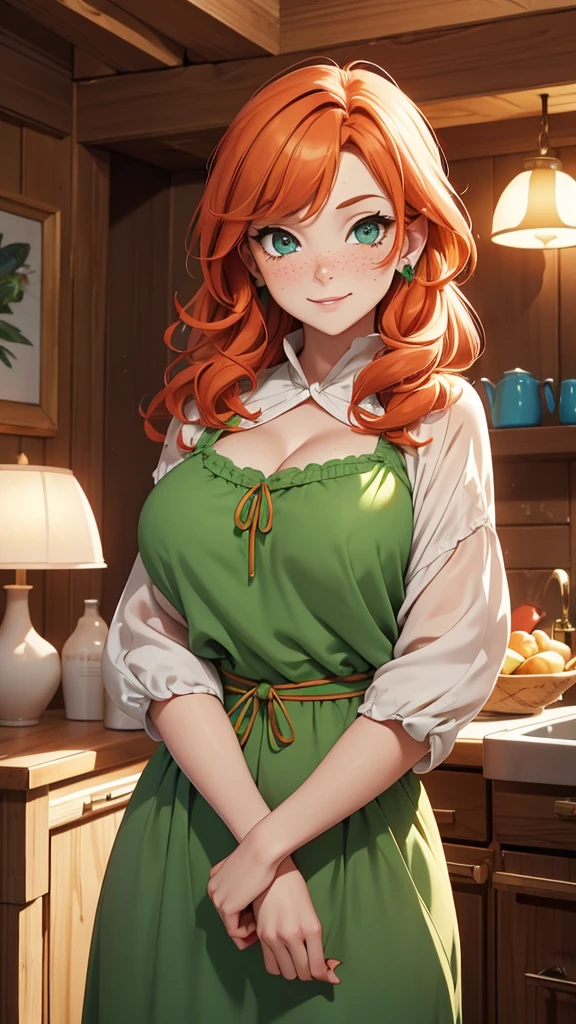 (masterpiece), (4k), )vivid colors), (evening light) 38 year old woman with ginger hair, green eyes, heart shaped face with freckles dressed as a housewife