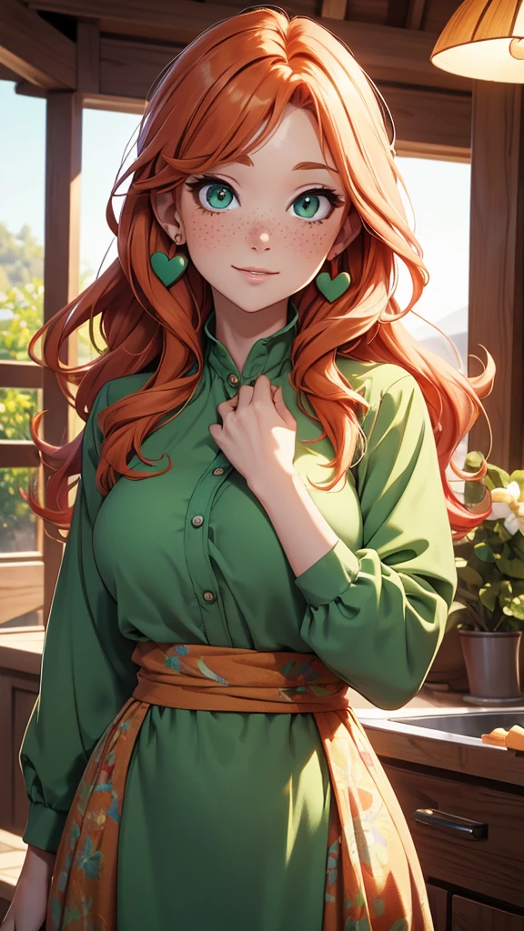(masterpiece), (4k), )vivid colors), (evening light) 38 year old woman with ginger hair, green eyes, heart shaped face with freckles dressed as a North American hippie