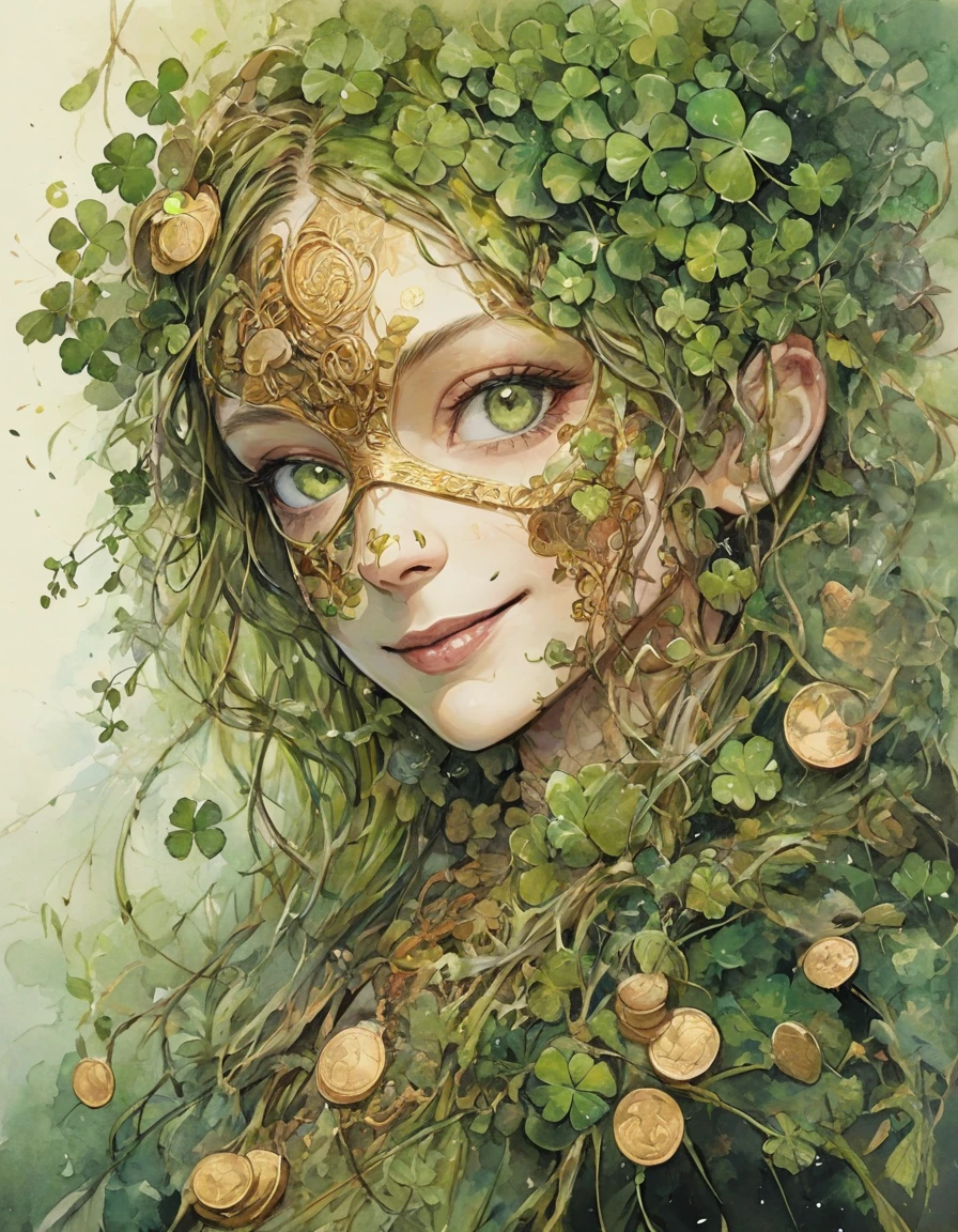 Woman wearing four leaf clover mask shows half of her face to the audience and smiles,by Minjae Lee, Carne Griffiths, Emily Kell, Steve McCurry, Geoffroy Thoorens, Aaron Horkey, Jordan Grimmer, Greg Rutkowski, amazing depth,high resolution, ink painting, green theme, vines, clover leaves and some gold coins,