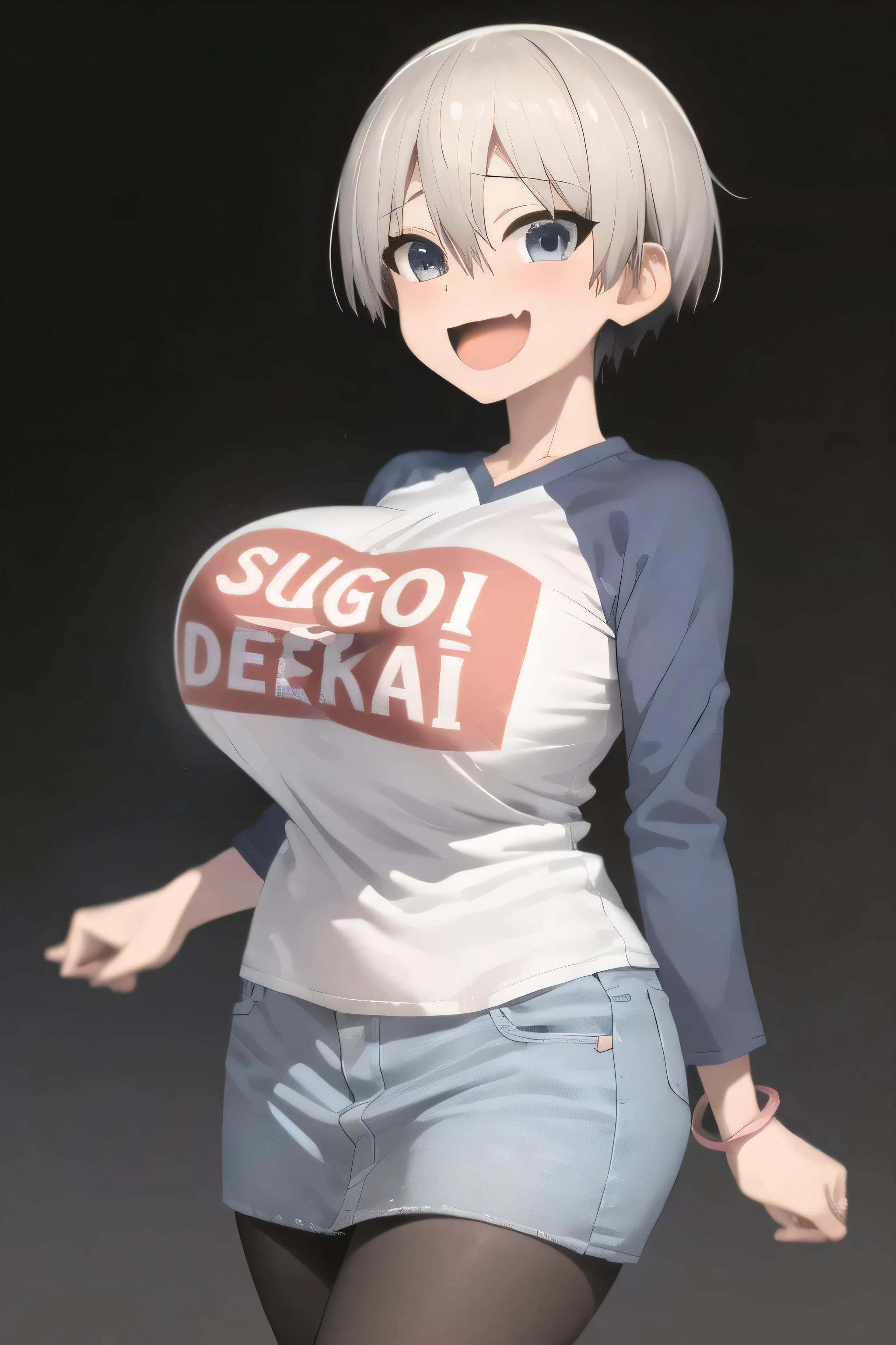 masterpiece, best quality, 1girl, uzaki hana, grey hair,  short hair, hair between eyes, bangs, blue eyes, skin fang, black pantyhose, boots, (bracelet:0.7), clothes writing, denim skirt, large breasts, long sleeves, open mouth, raglan sleeves, romaji text,
smile, solo, upper body,  looking at viewer, simple background , massive breasts , holding her breasts , grabbing breast , squeezing her breast  , hearts , blushing 