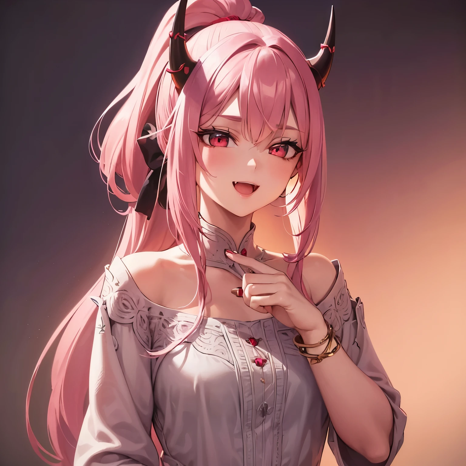 1girl, beautiful detailed eyes, beautiful detailed lips, extremely detailed eyes and face, long pink hair, horns, fang, ponytail, smiling, red eyes, solo, high quality, 8k, ultra-detailed, photorealistic, physically-based rendering, vivid colors, studio lighting, sharp focus, simple background