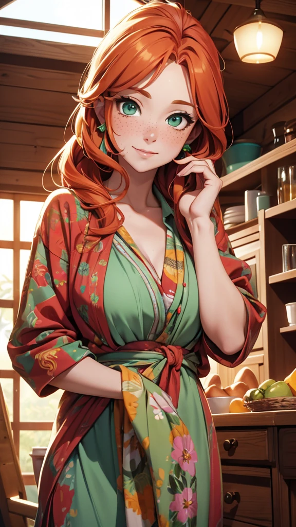 (masterpiece), (4k), )vivid colors), (evening light) 38 year old woman with ginger hair green eyes heart shaped face with freckles dressed as a hippie housewife