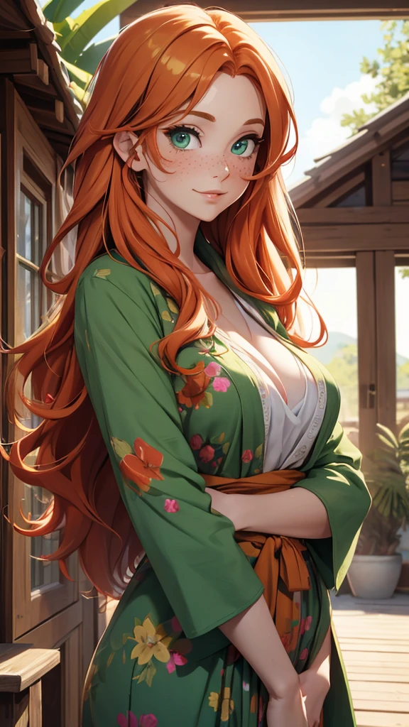 (masterpiece), (4k), )vivid colors), (evening light) 38 year old woman with ginger hair green eyes heart shaped face with freckles dressed as a hippie housewife
