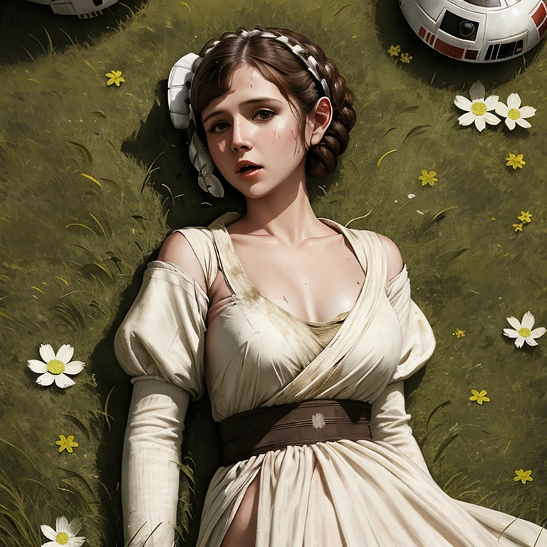 A wounded princess Leia wears ruined clothes, medium chest, lying on the grass, looks very enjoyable, starwars style,  ,  by imperial stormtroopers, facial cumshot, high quality, ultra-detailed, crazy details, 4K