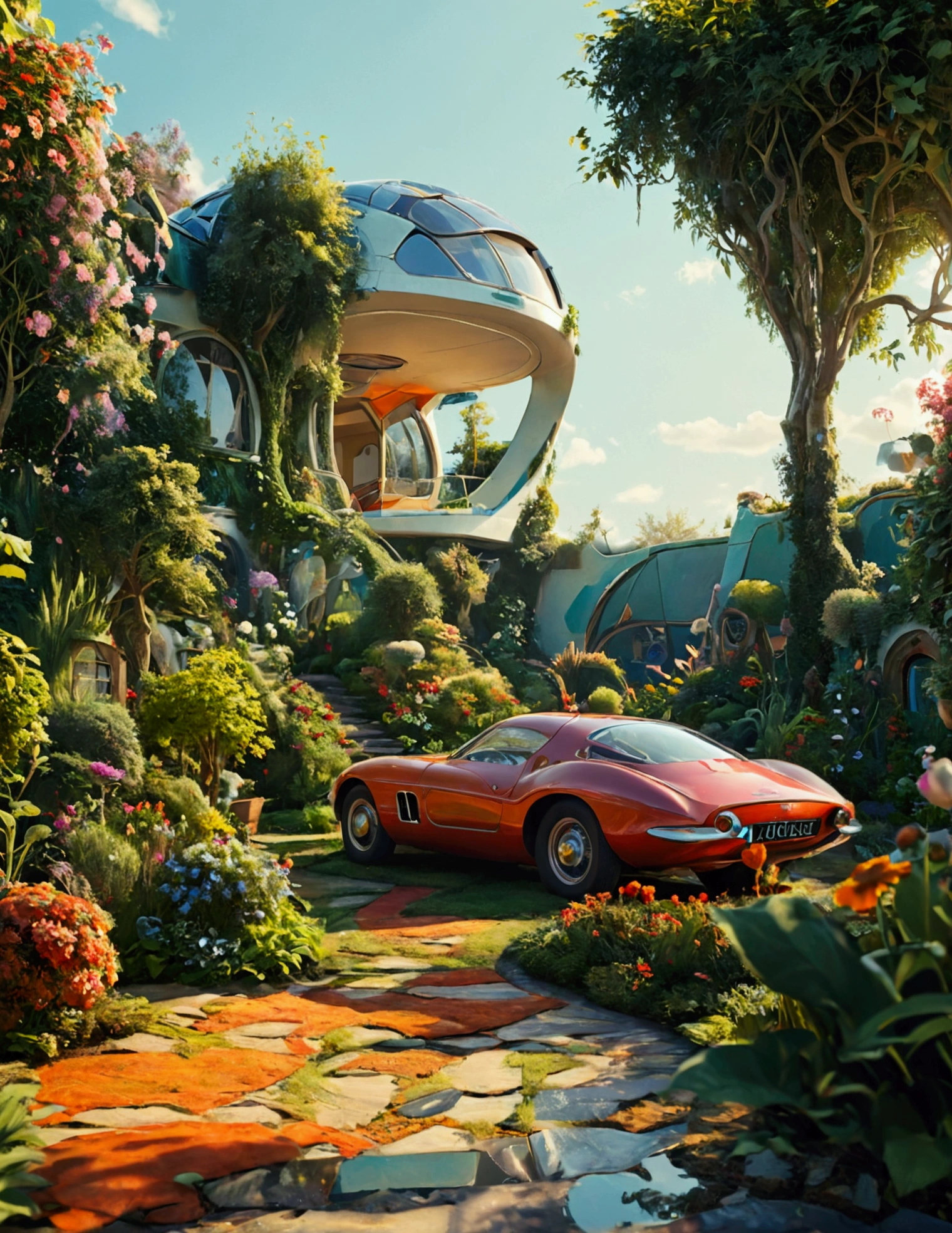 the futurist car on a garden in haven
