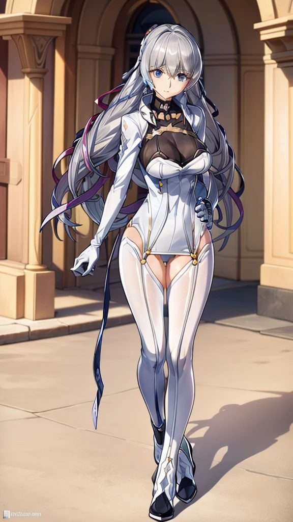 (full body),masterpiece, Highest quality, High resolution, One girl, alone, Grey Hair, Blue eyes, ( bodysuit,leotard,headset,ribbon,No sleeve, White gloves, Knee-high boots), Cowboy Shot, Hands on hips, smile, Open your mouth, Outdoor,Thick thighs,