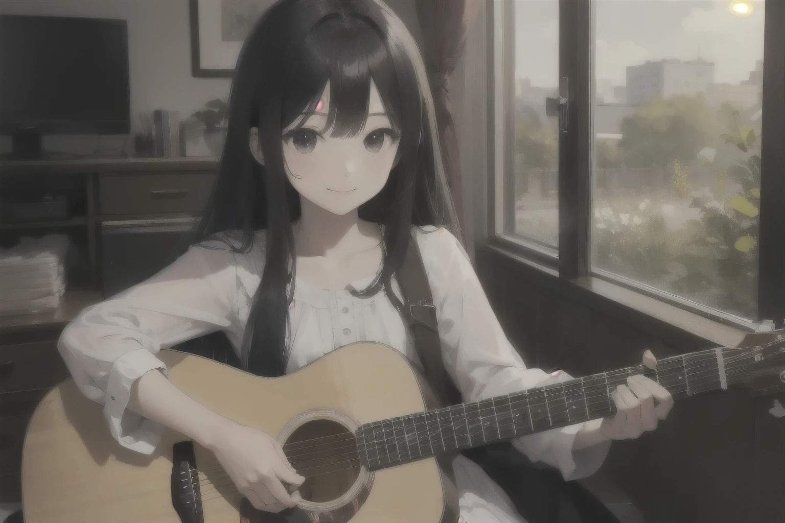 ((masterpiece))), Highest quality, Highest quality, Attention to detail、Girl、Long Black Hair、Gentle smile、White dress、Sitting、Playing guitar