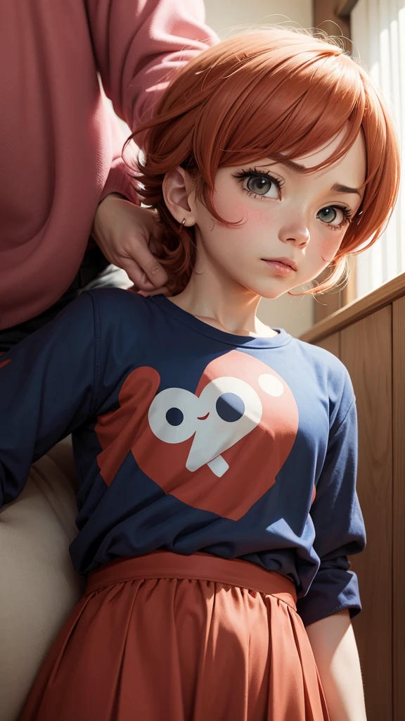 Generate a boy (12 years old) in school, curly and orange hair with white skin