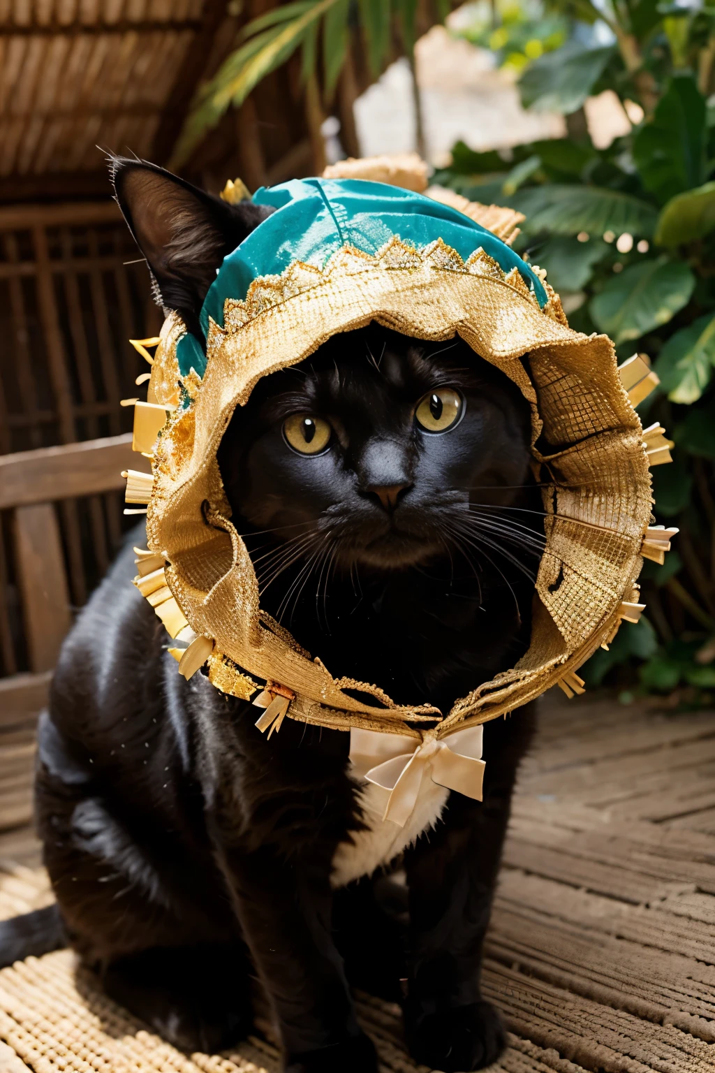 A beautiful cat is wearing a beautiful costume and it says HUT RI from KUMEKUI