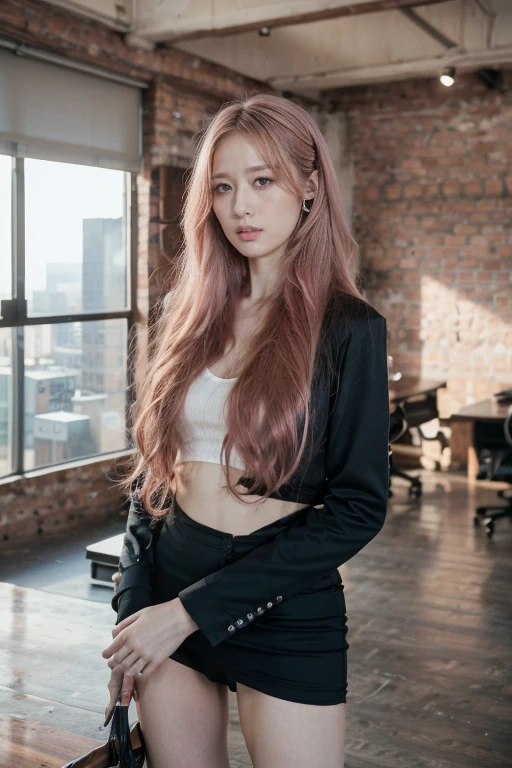 (8k, RAW photos, best quality, masterpiece:1.2), (Practical, photo-Practical:1.37) , movie stills style，Realism，pink haired woman, Black executive suit, Expectations, Long hair, Sweet look, Very beautiful eyes, Charming eyes，Eyeshadow, Long legs，standing on office room.