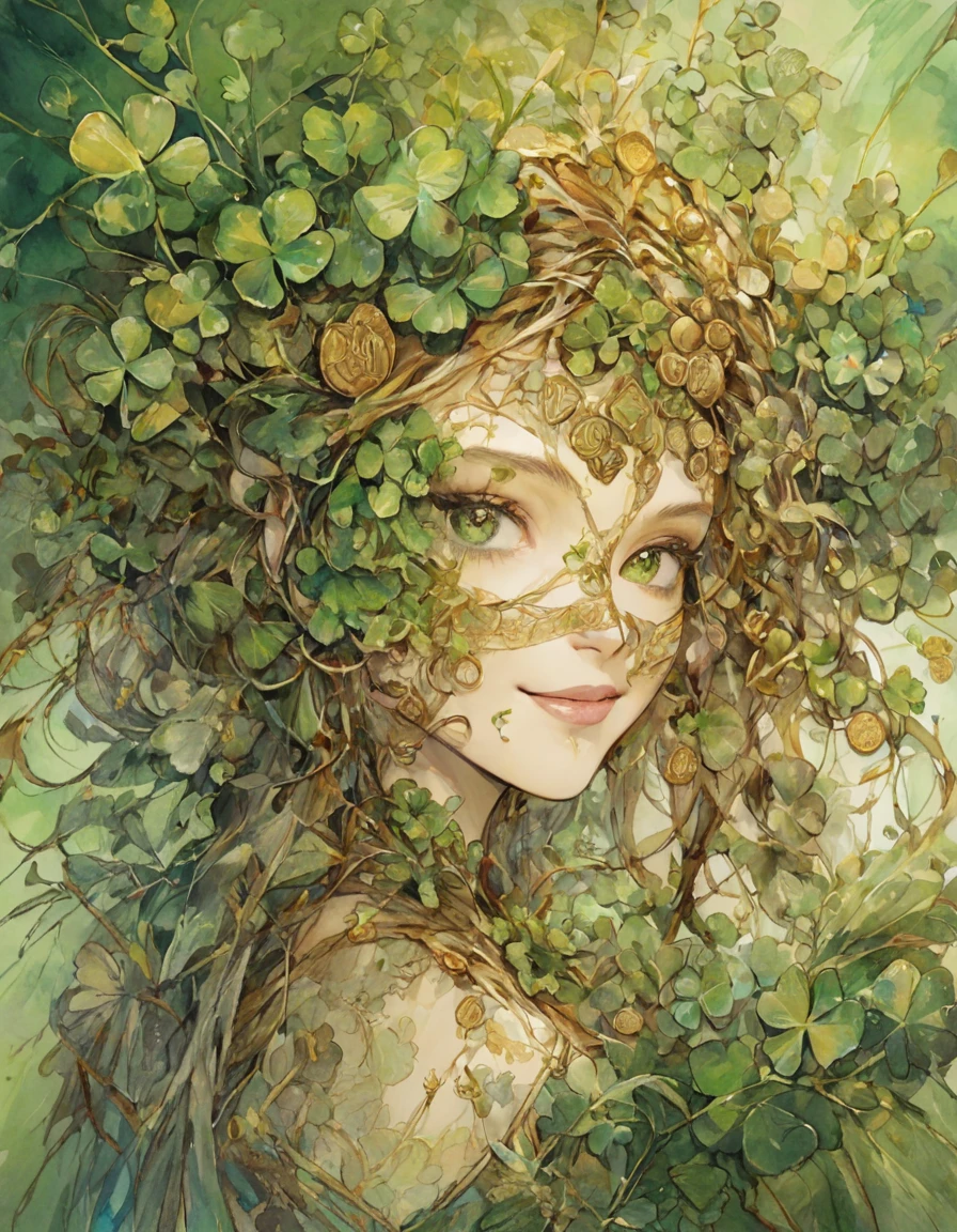 Woman wearing four leaf clover mask shows half of her face to the audience and smiles,by Minjae Lee, Carne Griffiths, Emily Kell, Steve McCurry, Geoffroy Thoorens, Aaron Horkey, Jordan Grimmer, Greg Rutkowski, amazing depth,high resolution, ink painting, green theme, vines, clover leaves and some gold coins,