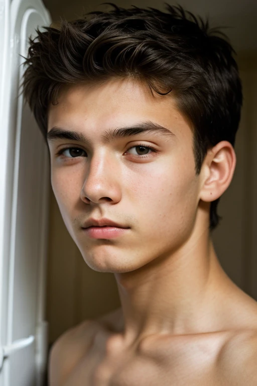 15 year old boy with hunter eyes and a beautiful jaw Background should be in the toilet