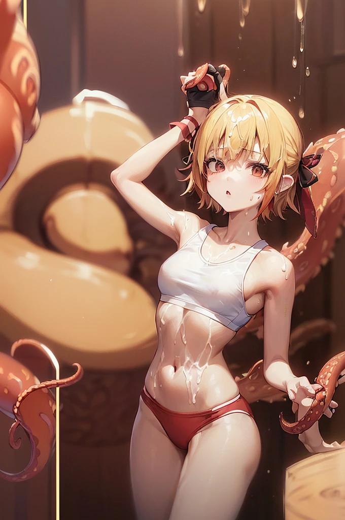 masterpiece, best quality,anime style, 1 girl,(((slender body))), (((small eyes,small breast))),(((gym uniform,sports bra,buruma,red hair ribbon))),(((brown tentacles bound a girl))),((((cum)))), (beautiful face), (((short hair))), (((straight hair))), ((((blonde hair)))),detailed beautiful skin, (perfect hands, perfect anatomy),scream