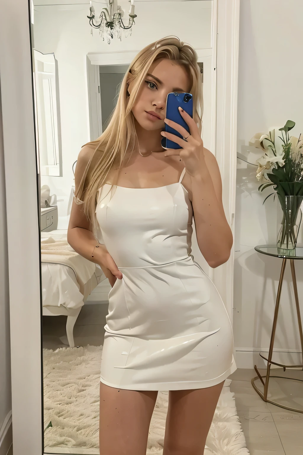 Generate me a blonde in front of a mirror who is at least 1,65 m dressed, très classe, in short dress, who takes a photo of themselves with their phone in front of a mirror and we can&#39;t see their face. She has blond hair