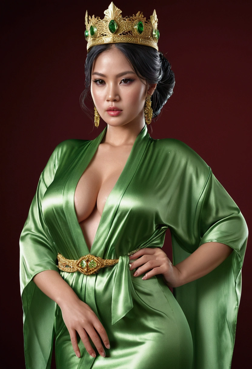 masterpiece, indonesian woman ,ultra realistic,32k,intricate details, sharp focus, realistic, closed, seductive pose, black eyes, jewelr, lips, realistic, looking_at_viewer, wet skin, shiny skin, long green transparent silk robe, transparent dynamic pose, ,full body,busty body,curvy body,black hair tied up,beauty face, snake head crown, cowboy shot,