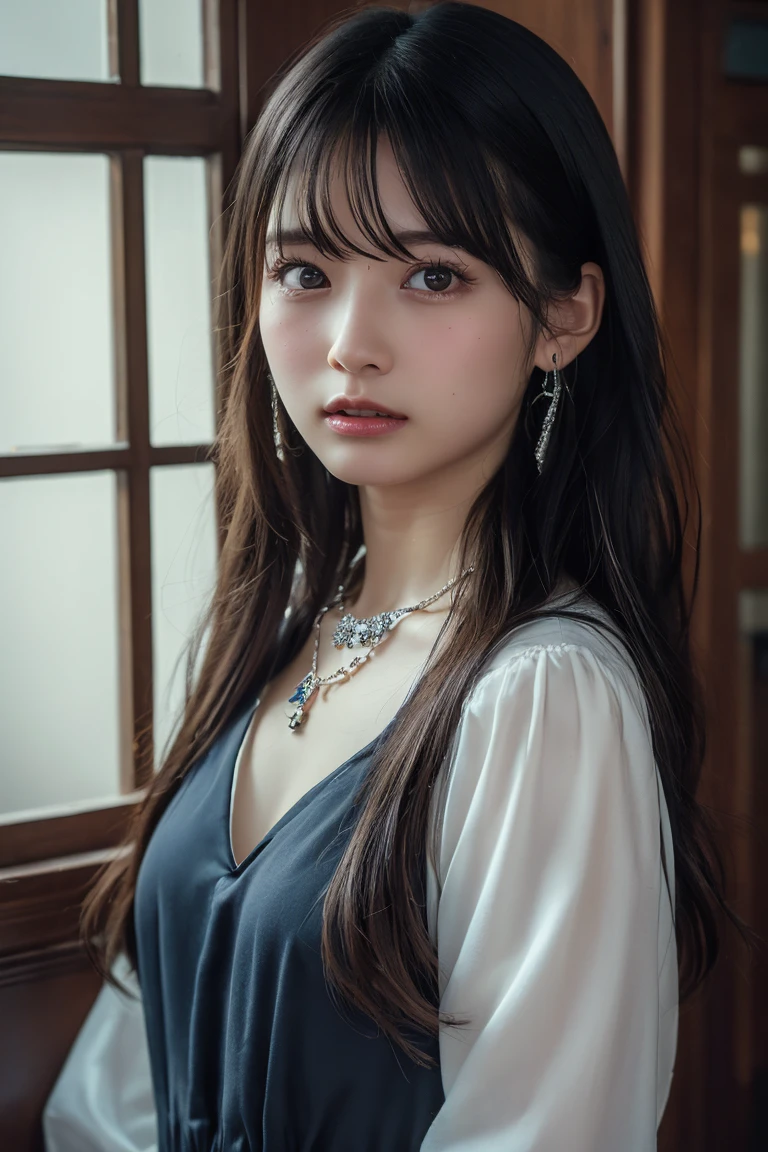 (Highest quality:1.4),(masterpiece:1.4),(Realistic:1.4),(Realistic:1.2),(超High resolution, RAW Photos:1.4),(High resolution, Ultra-detailed:1.2),(8k:1.2),View your viewers,Cinematic photography,One girl,skeletally correct,Black-haired woman,Woman in her early 20s,(Small earrings,necklace,Floral frill dress),(Western-style building interior,Dimly lit room,The lamplight shines on my cheeks)