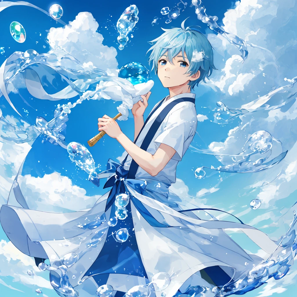 Blue sky、White cloud、Soap bubble、Boy's back view