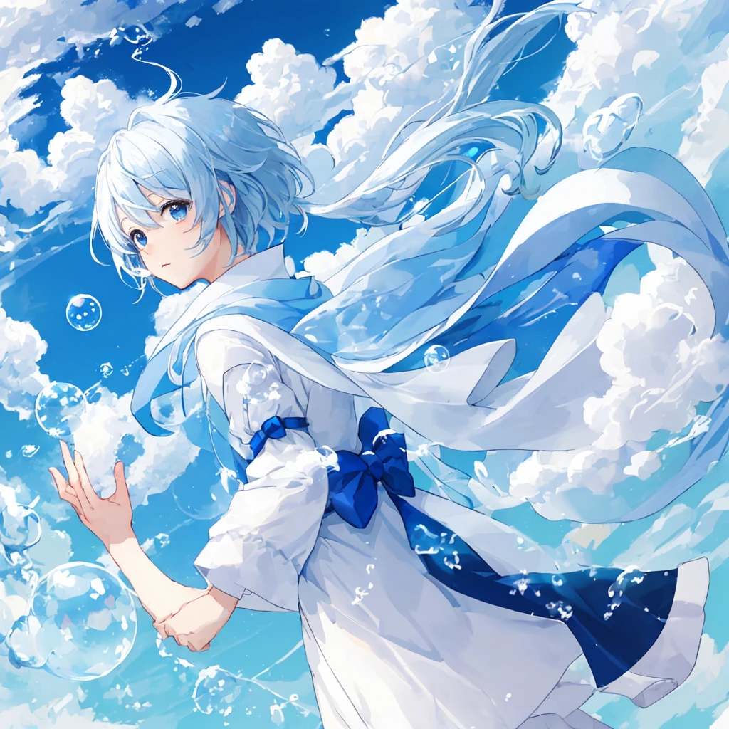 Blue sky、White cloud、Soap bubble、Boy's back view
