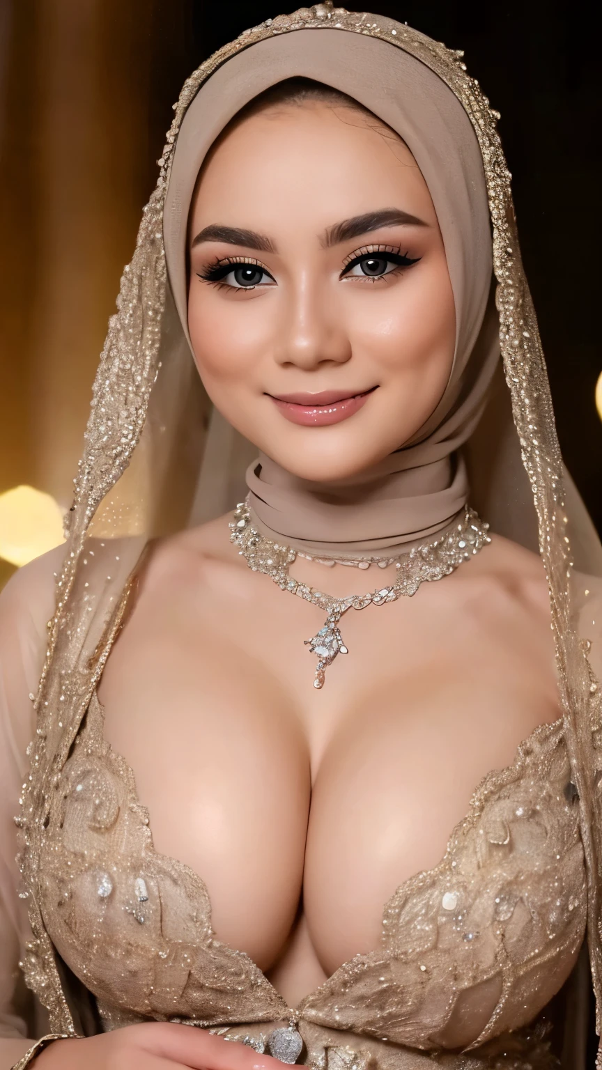 Hyper realistic, Beautiful, cute Face, 18 Years old hijab girl, wearing silver hijab, large Rounded Breast, pussy revealed, luxury necklace, White Skin, Dark City Background, nude, Bokeh Effect, Look at Viewer, Armpit, Perfect Eye, Perfect Hand, Perfect Finger, ((adorable:1.2)), ((masterpiece:1.1)), ((bokeh:1.2)), dynamic seducing close up pose, seductive smile, flirting eyes