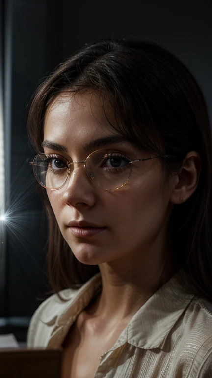 Woman, 30 years, strong, light brown hair, goggles, eye reflection, makeup, blush, licking lips, Surrealism, cinematic lighting, isometric, close-up, bokeh, Nikon, masterpiece, textured skin, super detail, high details, high quality