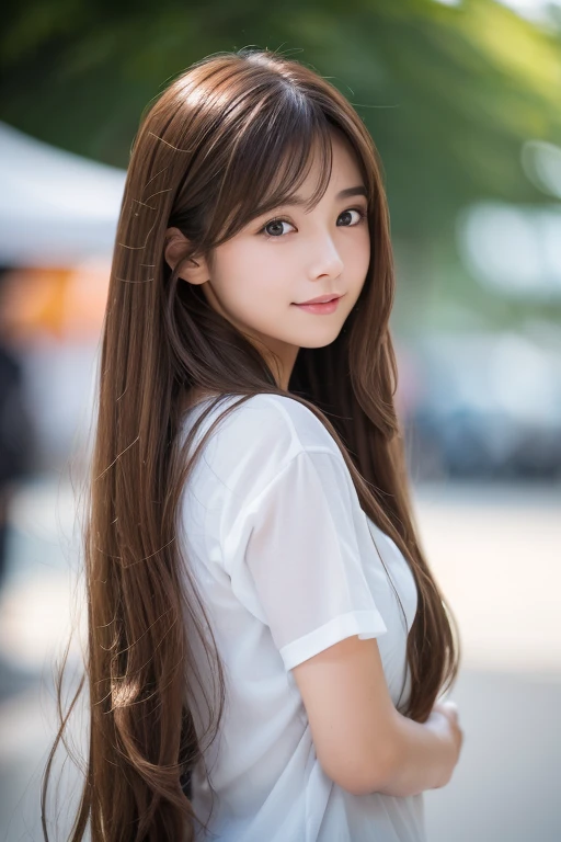 1girl, solo, long_hair, brown_hair, brown_eyes, upper_body, blurry, watermark