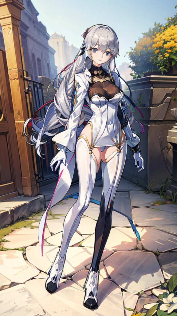 (full body),masterpiece, Highest quality, High resolution, One girl, alone, Grey Hair, Blue eyes, ( bodysuit,leotard,headset,ribbon,No sleeve, White gloves, Knee-high boots), Cowboy Shot, Hands on hips, smile, Open your mouth, Outdoor,Thick thighs,