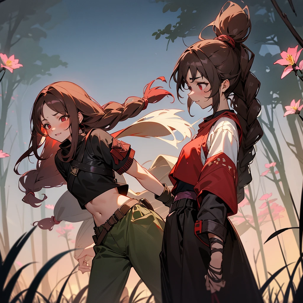 Two women having fun in the forest at night、obscenity:1,2、Metamorphosis:1,2、Lesbian Mika:1,2、Grabbing each other's buttocks、the kiss、Megumin、Kono Subarashii Sekaini Yado Fukuo!、witch's hat、brown haired、Long hair Short hair、red eyes、red blush、grinning evily、a black choker、鎖骨、flat breast、Off-the-shoulder dresses、doress、Red dress、Brown cloak、long-sleeve、Black Gloves、Fingerless gloves、a belt、Brown strip、gold trim、Zentai Ryoiki、Skindentation、(Asymmetrical legs:1.4)、 mismatched legwear、(Bandaged Legs:1.3)、Black thigh incontinence、tre anatomically correct