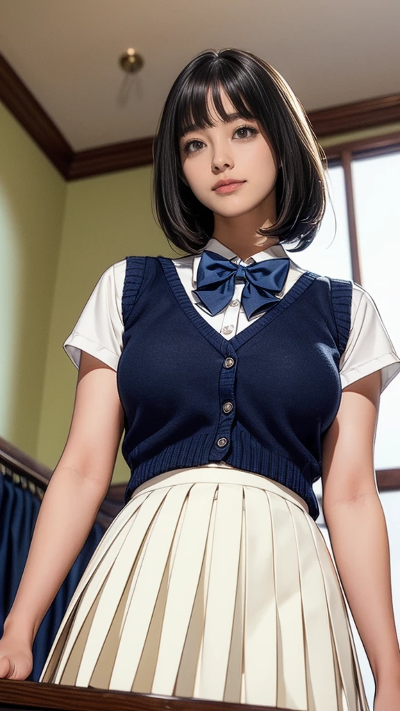 (masterpiece:1.2, Highest quality), (Realistic, photoRealistic:1.4), (Large Breasts:1.5, Saggy breasts:1.3), Beautiful illustrations, (Natural Side Lighting, Cinema Lighting), Written boundary depth, Looking at the audience, (Face Focus, Upper Body), Front view, 1 girl, Japanese, high school girl, 13 years old, Perfect Face, Symmetrical cute face, Glowing Skin, (Bob Hair:1.7,Black Hair), Asymmetrical bangs, Big eyes, Droopy eyes, long eyelashes chest), thin, Beautiful Hair, Beautiful Face, Beautiful and beautiful eyes, Beautiful clavicle, Beautiful body, Beautiful breasts, Beautiful thighs, Beautiful legs, Beautiful fingers, ((Quality fabric texture, brown knit vest, Short sleeve white collar shirt, Navy Pleated Skirt, Navy bow tie)), (Beautiful views), evening, (Inside the flower shop), Are standing, (smile, Superior, Open your mouth), (From below:1.5),(Poor visibility:1.5), (From below)
