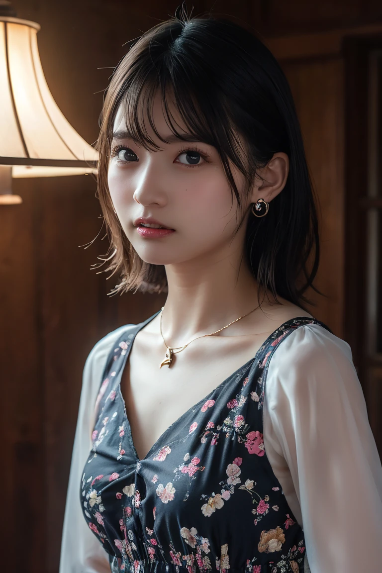 (Highest quality:1.4),(masterpiece:1.4),(Realistic:1.4),(Realistic:1.2),(超High resolution, RAW Photos:1.4),(High resolution, Ultra-detailed:1.2),(8k:1.2),View your viewers,Cinematic photography,One girl,skeletally correct,Black-haired woman,Woman in her early 20s,(Small earrings,necklace,Floral frill dress),(Western-style building interior,Dimly lit room,The lamplight shines on my cheeks)