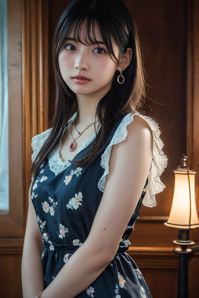 (Highest quality:1.4),(masterpiece:1.4),(Realistic:1.4),(Realistic:1.2),(超High resolution, RAW Photos:1.4),(High resolution, Ultra-detailed:1.2),(8k:1.2),View your viewers,Cinematic photography,One girl,skeletally correct,Black-haired woman,Woman in her early 20s,(Small earrings,necklace,Floral frill dress),(Western-style building interior,Dimly lit room,The lamplight shines on my cheeks)