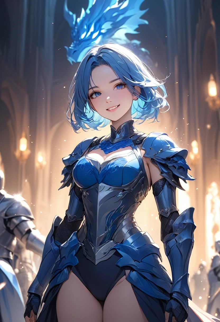 (masterpiece:1.5),(Beat quality),(high res),1girl solo,beautiful face,smile,light effects,Blue haired female knight,Blue dragon on background