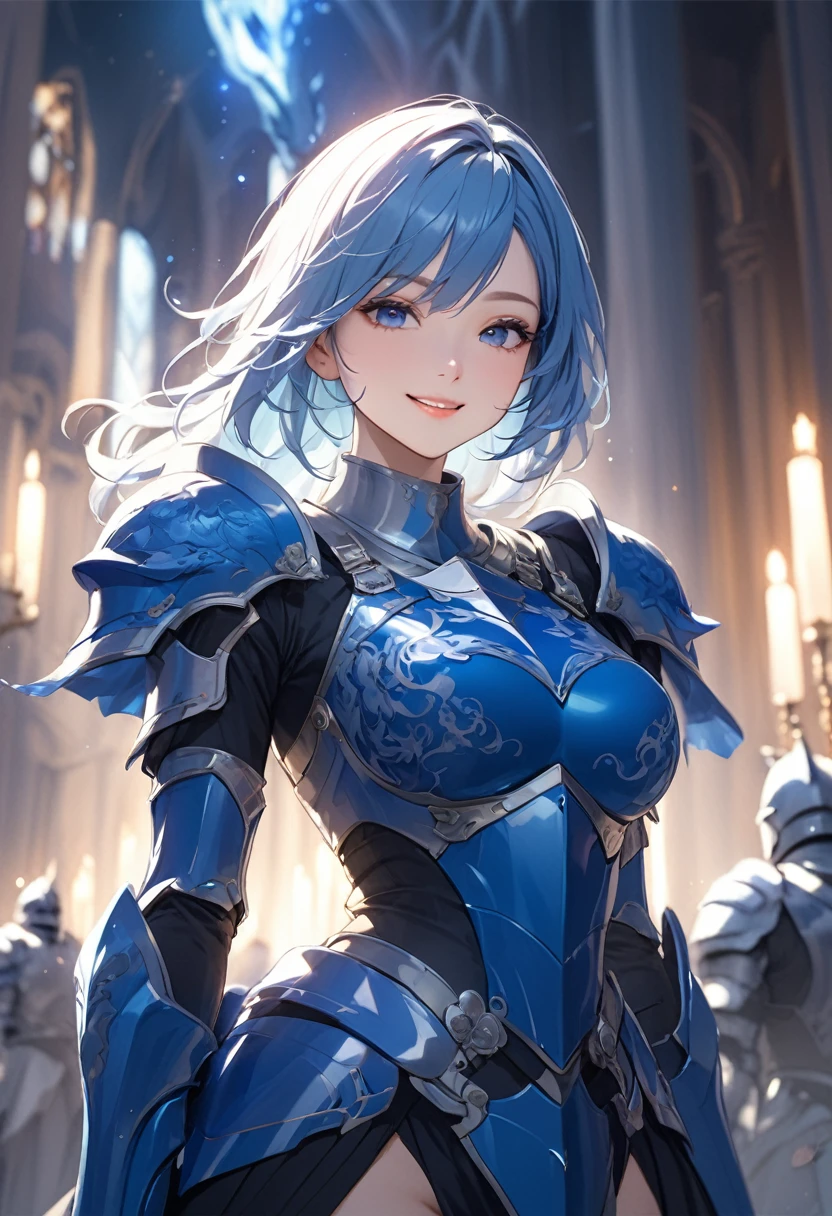 (masterpiece:1.5),(Beat quality),(high res),1girl solo,beautiful face,smile,light effects,Blue haired female knight,Blue dragon on background