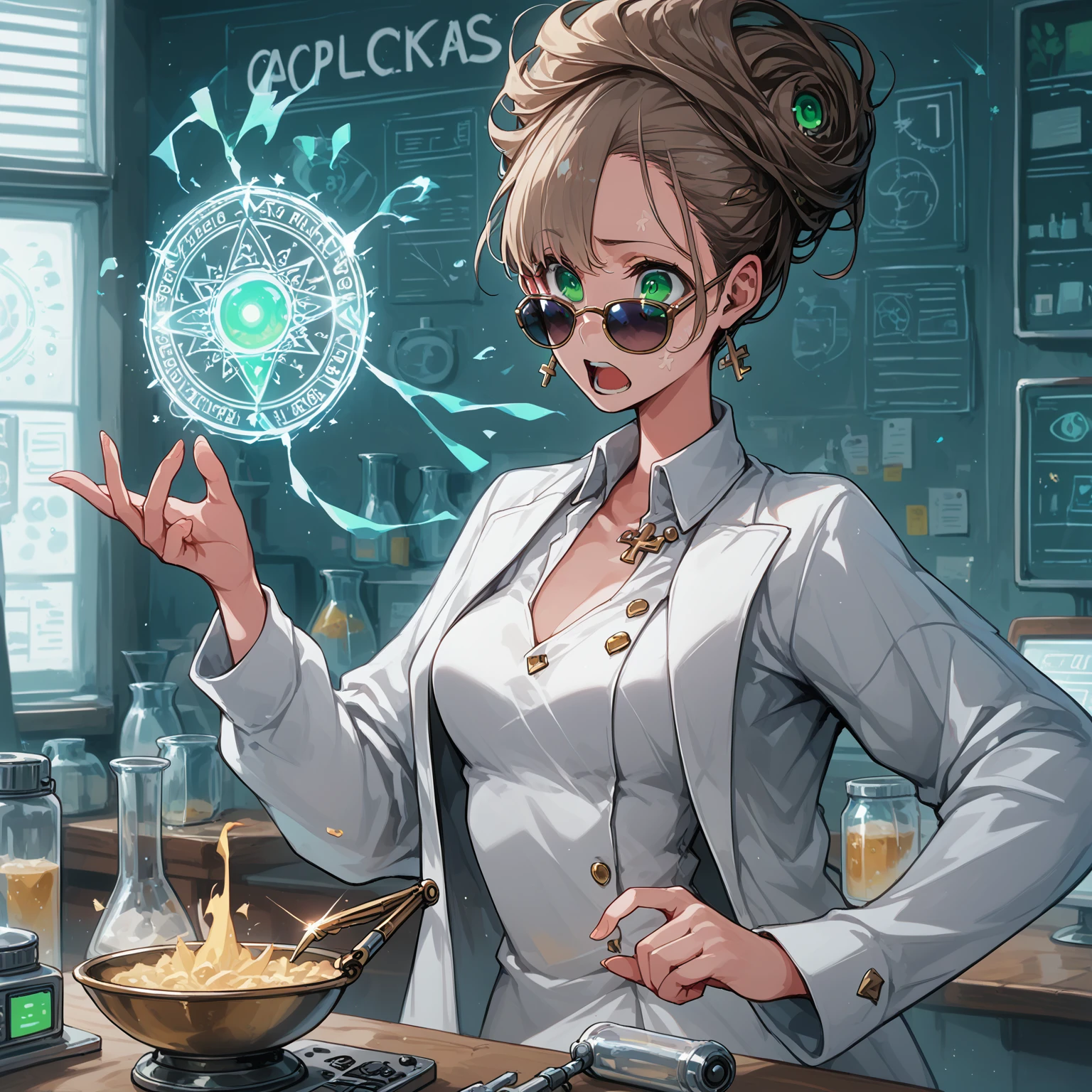 a very beautiful woman , random hair style, form-fitting suit, white lab coat, sunglasses, green eyes, in a laboratory, chemicals on the table, boiling potions, wearing sun glasses, she has the super power alchemize, she can turn wood to metal, and rubber into gold, her expression is Confused/Puzzled: Squinted eyes, raised eyebrow, tilted head, slightly open mouth, magic circle, magic power, casting spell, metal rod, gold and other tiny substances floating around her, (nude:0.8), detailed gorgeous face| anime style| key visual| intricate detail| highly detailed| breathtaking| vibrant| panoramic| cinematic| Carne Griffiths| Conrad Roset| gibbli 8k