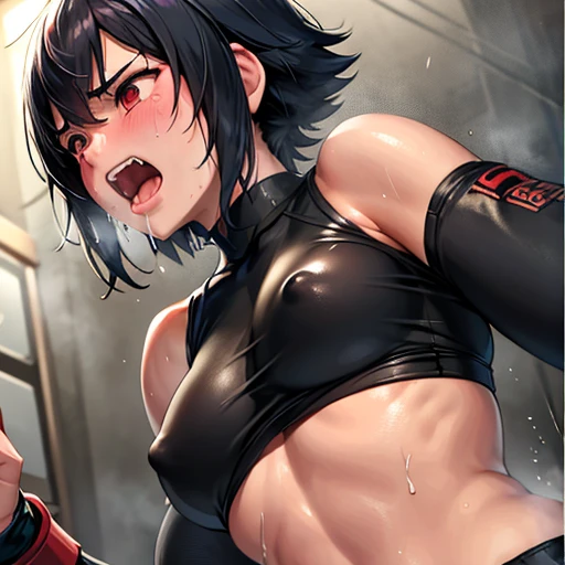 a beautiful young Japanese female streetfighter is in the back street. she was beated down. she was defeated. she lost. she was knocked out. Short-cut black hair, out of breath, drooling from mouth, screaming, exhausted, drenched in sweat. Muscularity. Six-pack abs. Erect nipples.