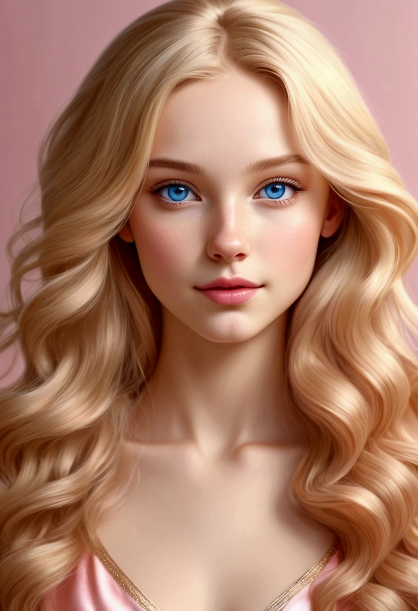 Adorable and innocent face, fair skin, (long and wavy blonde hair), blue eyes, slender European young woman, pink gold rose gold color theme, anatomically correct, realistic proportions, Realistic Photo