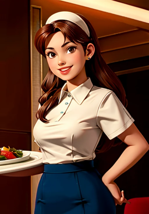 Young girl with brown hair and brown eyes, dressed as a waitress holding a restaurant tray with both hands, smiling kindly