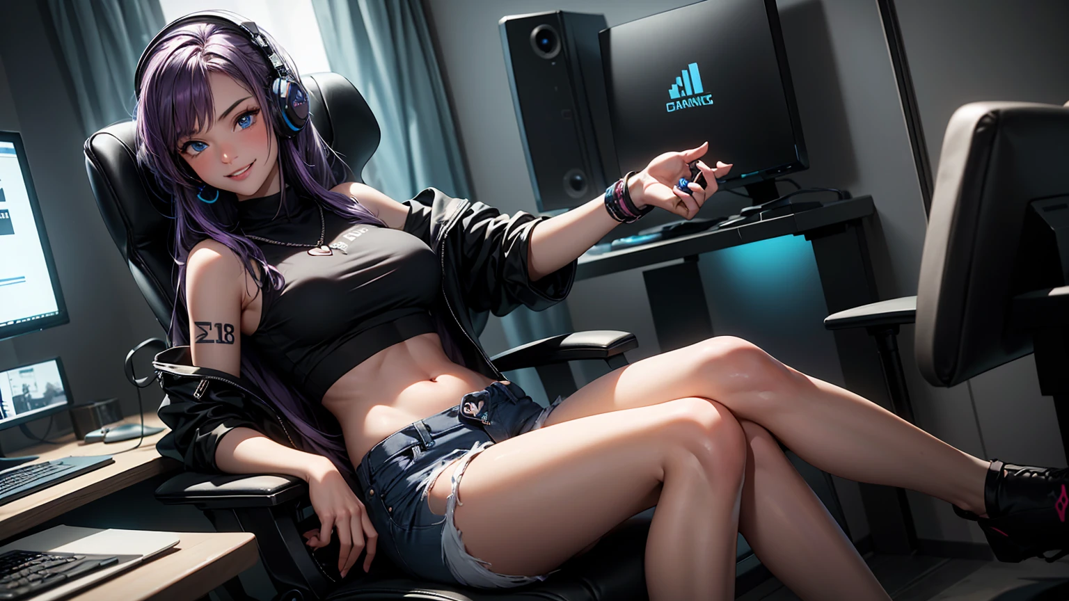 Create a high-quality, detailed image of an 18-year-old girl with a heart tattoo on her right shoulder, dressed in a black navel crop top and jean shorts. She has long purple hair and captivating blue eyes, her best bust size being 85. The girl is seated in a gaming chair, slouched slightly with a joyful smile, holding a controller. She wears chain accessories, a black wristband, and gaming headphones. The setting is a neon-colored room filled with a gaming PC, gaming desk, gaming chair, and gaming bed, complete with a gaming console. The image should be a visual masterpiece