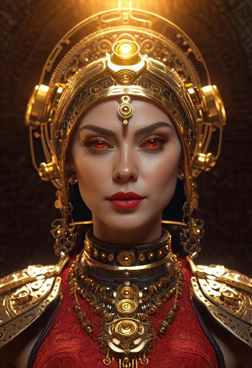 Ava Red, mechanical priestess, Honky Tonk Girl, symmetrical face, golden ratio, cinematic lighting, cgsociety, rendered in octane, 8k, beautifully detailed macro textures