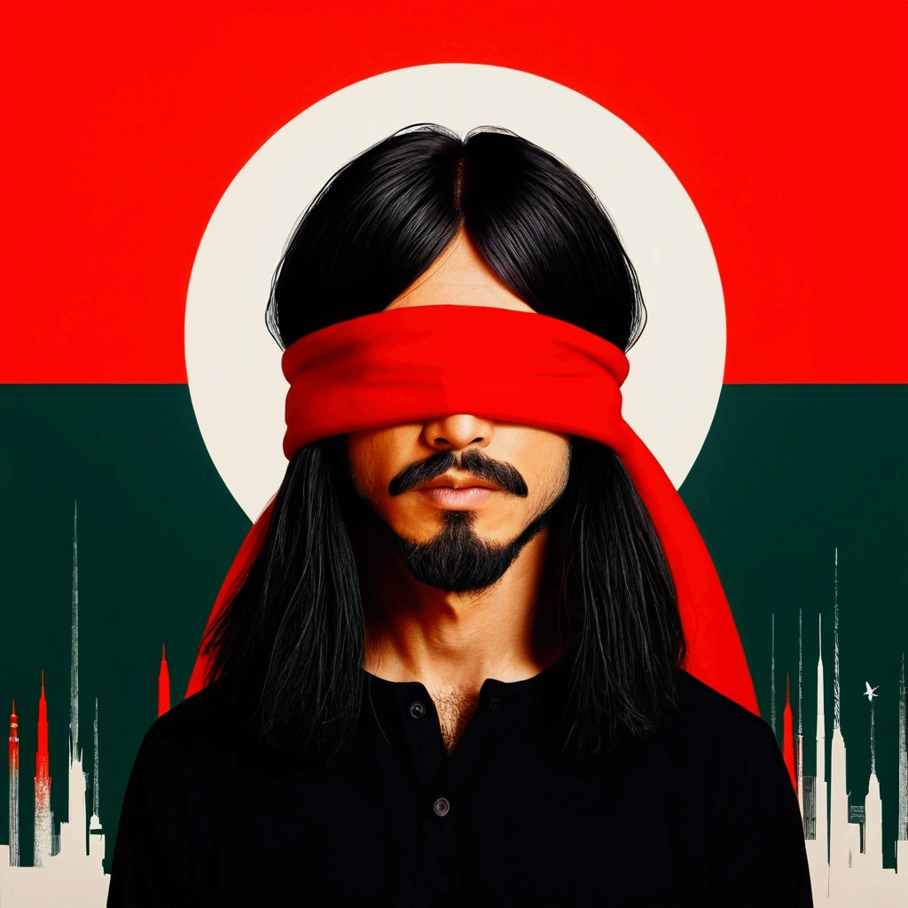 (Remove long hair), (add beards), (add organised short hair),(Man Standing in front of Bangladeshi flag background blind folded with red cloth and blood)