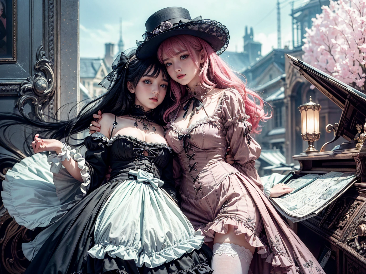 20s girls, ultra-realistic photography, wide angle, a treasure trove of artistic sense, gothic lolita fashion, pastel color: 0.6, surrealism: 1.1, high contrast, high quality, high resolution 32k, super detailed, wallpaper, captivating and attractive outfit, sex appeal.