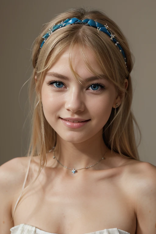 1 fille, 独奏, High resolution, Longhaire, ssmile, blue eye, cheveux blonds, fond simple, jewels, hairband, American plan, Parted Lips, front teeth,